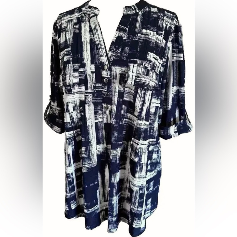 COCOMO 3X Blue White Plus Size elbow sleeve women's Blouse top tun… - Picture 4 of 10